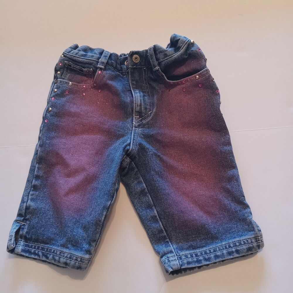 Vintage Revolt Girls Denim Jean Blue Girls 3T Capri Bling Rhinestones and...